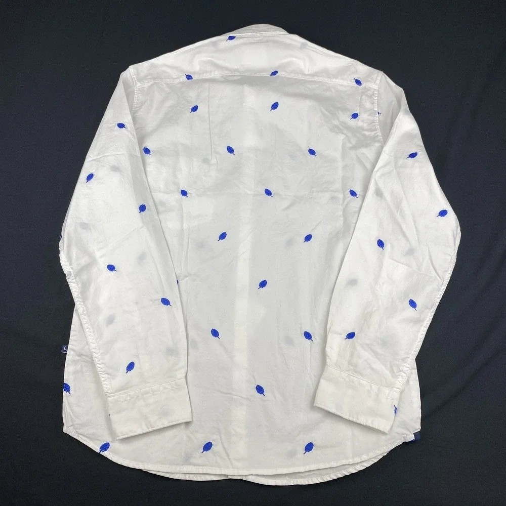 PARX Shirt Mens Large (42 cm) White w/Blue Leaf Embroidery Slim Fit NWT!